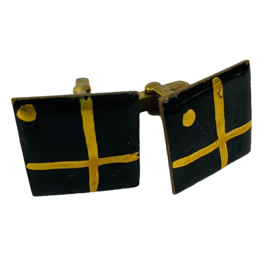 Vintage Men's Enameled Goldtone and Black Square Cufflinks Artsy Retro Toggle